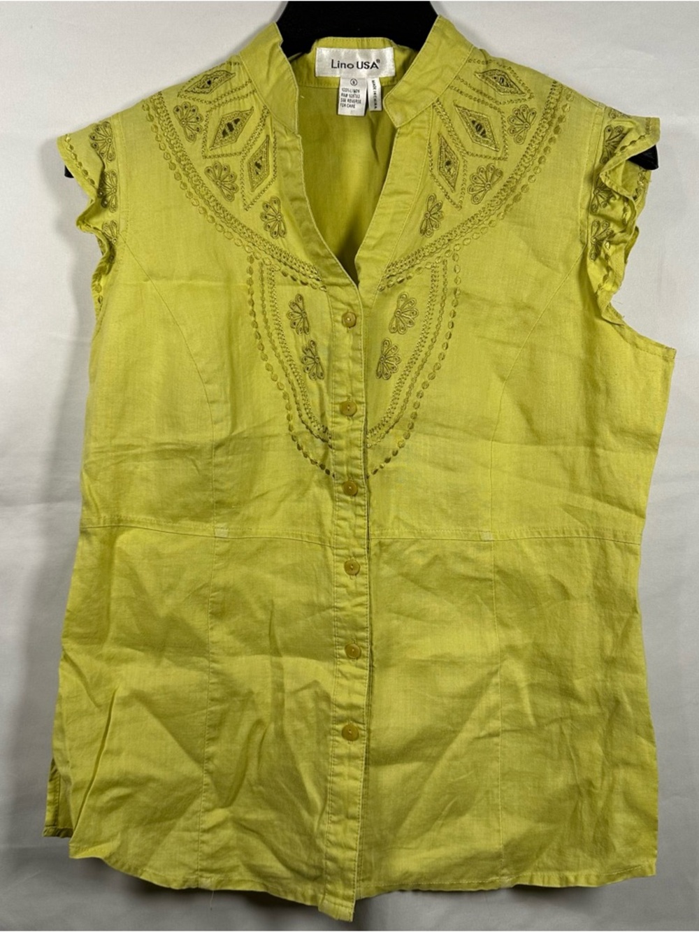 Yellow Embroidered Sleeveless Button-Front Blouse